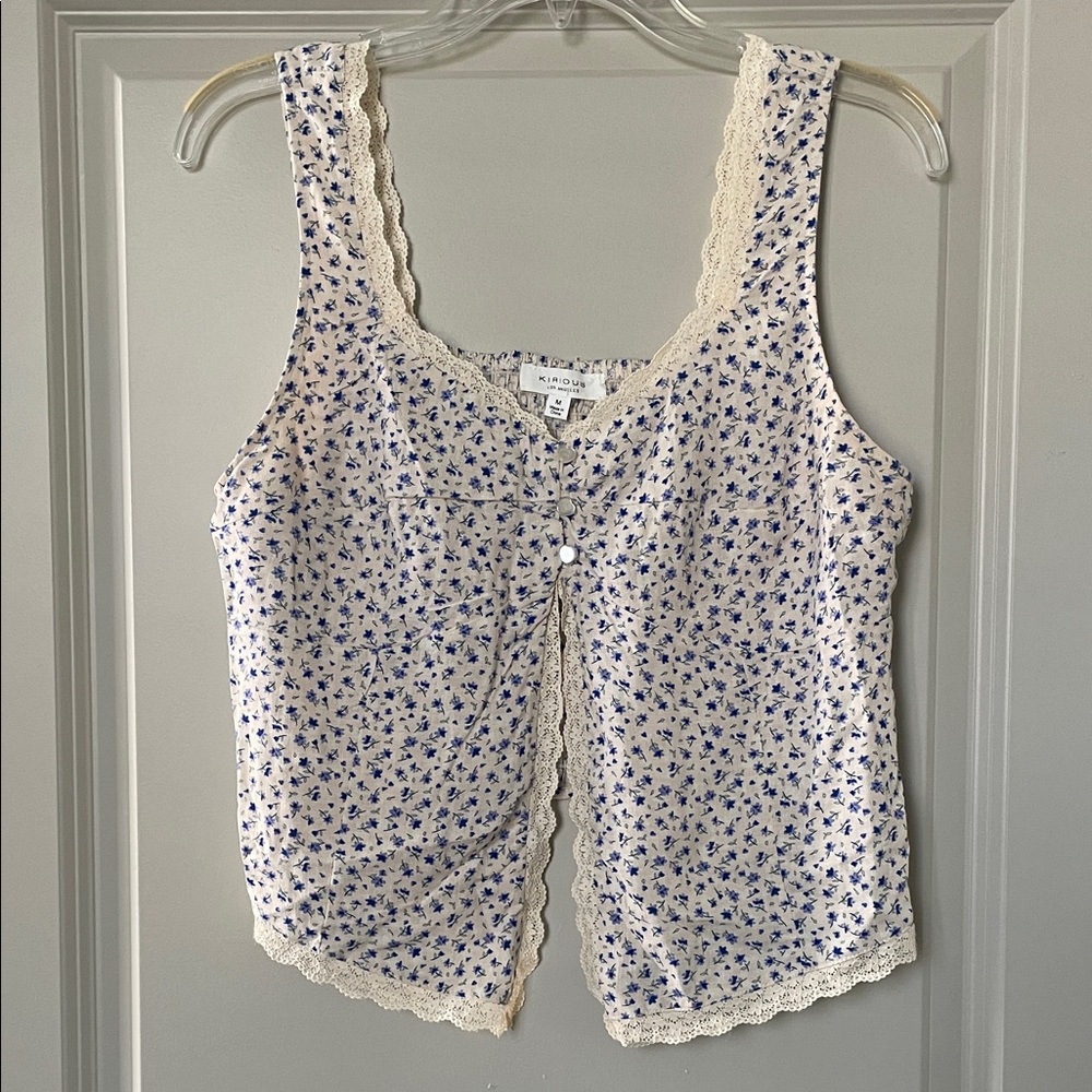 KIRIOUS Los Angeles Floral Lace Trim Tank - Blue on Cream